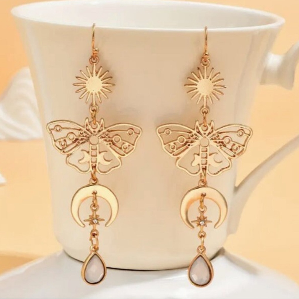 Gothic Vintage Gold Earrings, Butterfly Star Moon, White Stone Dangle Earrings